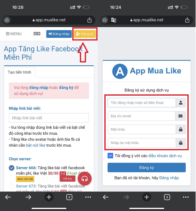 đăng ký tài khoản app tăng like facebook miễn phí